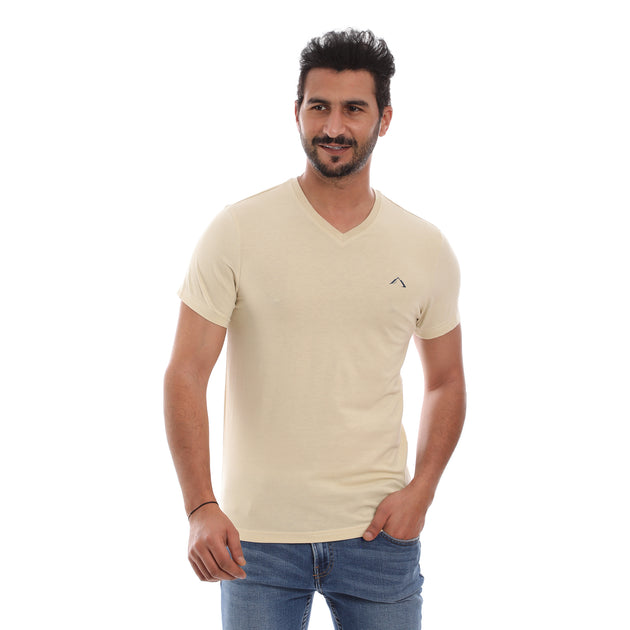 MEN'S BEIGE COTTON RICH V-NECK TSHIRT (SLIM FIT) - 3 PK