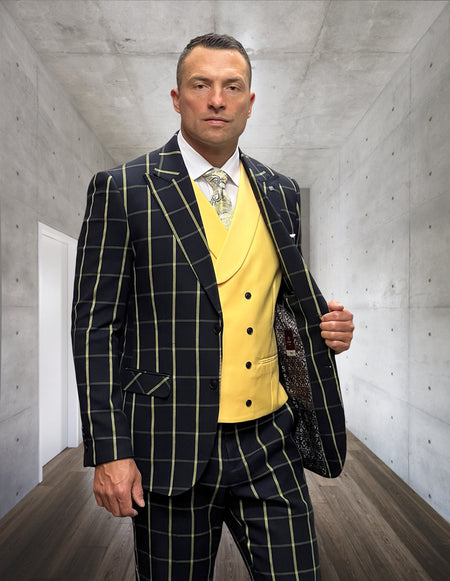 LUCCI 3 PC BLACK & YELLOW MODERN FIT SUIT