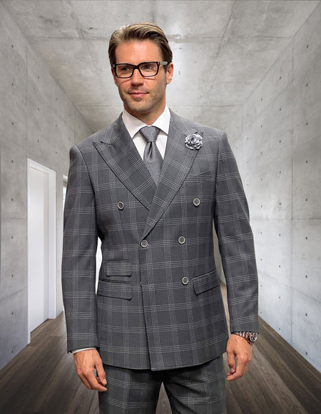 NAPLES 2 PC GRAY PLAID DOUBLE BREASTED MODERN FIT SUIT