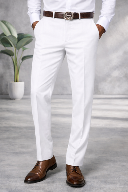WHITE MODERN FIT FLAT FRONT DRESS PANTS – Bachrach