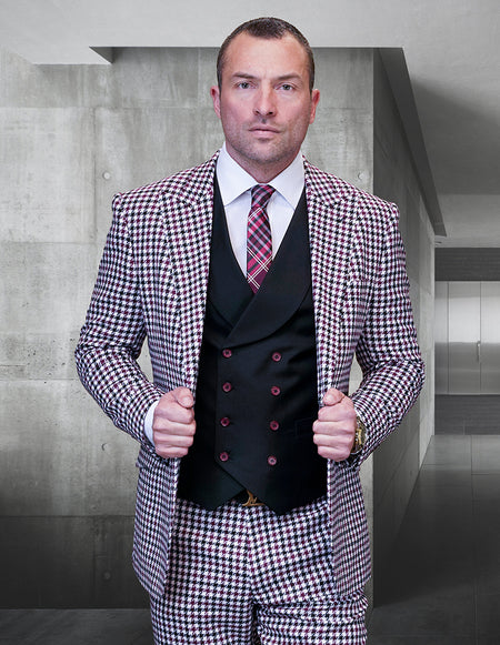 MASIMO BURGUNDY HOUNDSTOOTH MODERN FIT 3 PC SUIT