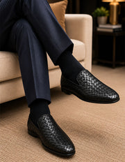 Statement Woven Leather Slip-On – Black