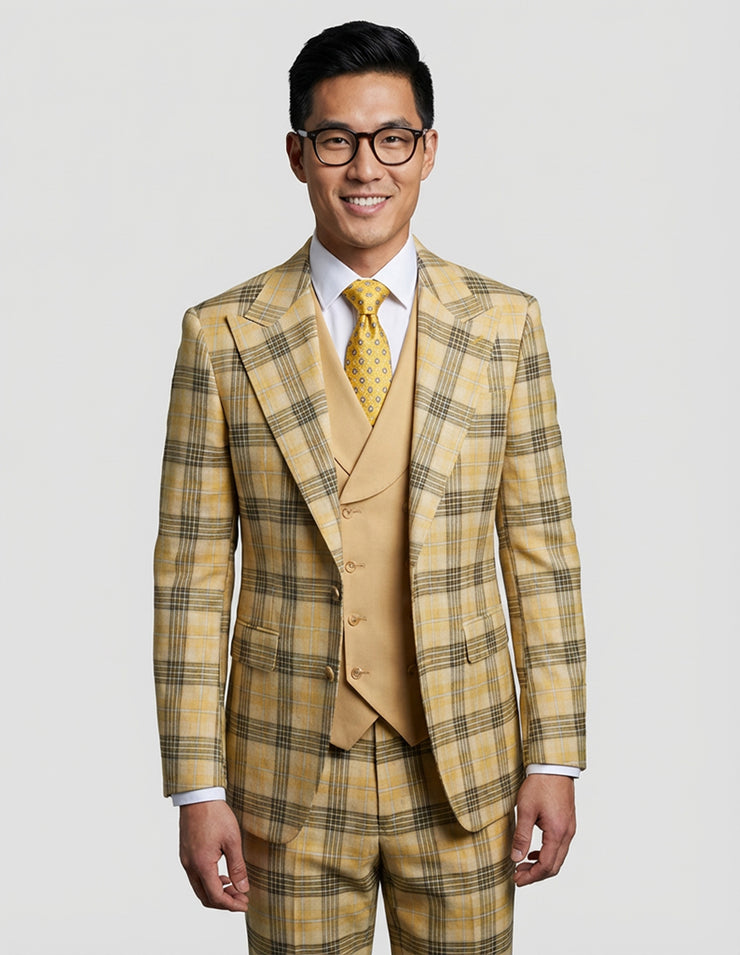 ANCONA 3 PC CAMEL PLAID MODERN FIT SUIT