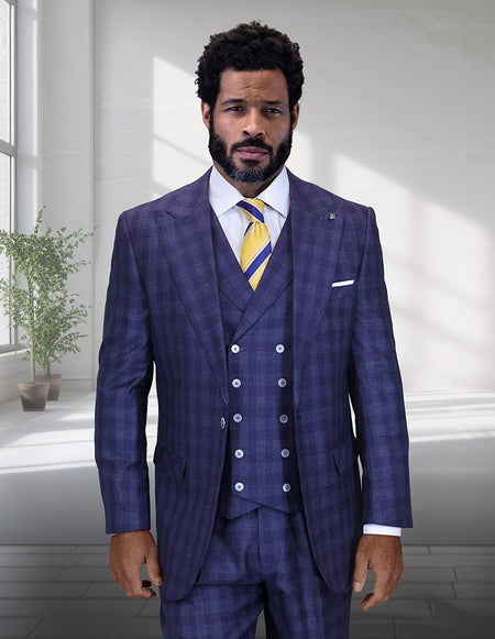 BALANCIGA 3 PC NAVY PLAID REGULAR FIT SUIT