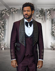BELLA 3 PC BURGUNDY & RHINESTONE MODERN FIT LUXURY TUXEDO
