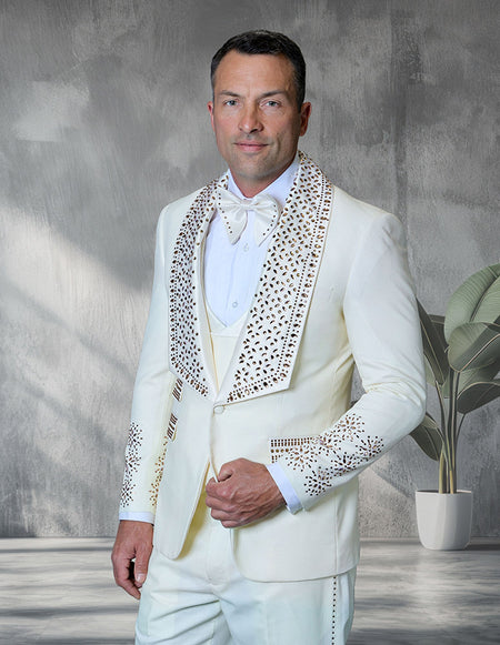 BELLA 3 PC OFF WHITE & RHINESTONE MODERN FIT LUXURY TUXEDO