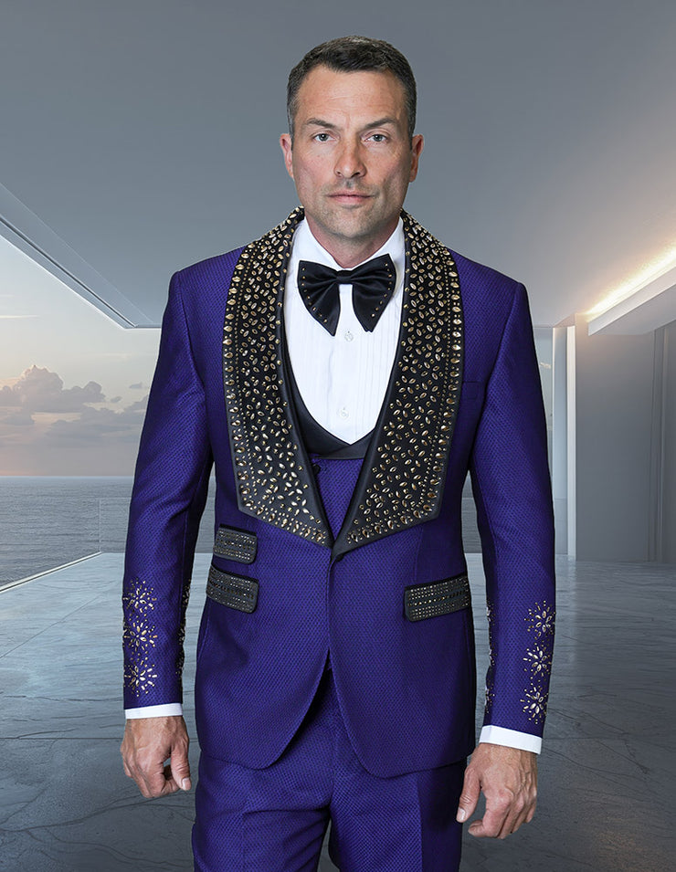 BELLA 3 PC ROYAL & RHINESTONE MODERN FIT LUXURY TUXEDO