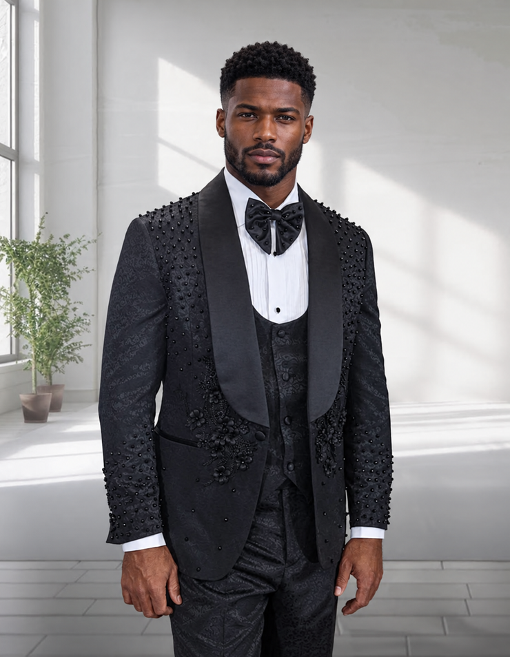 ELIO 3 PC BLACK RHINESTONE MODERN FIT LUXURY TUXEDO