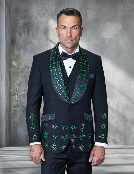 CAVALI 3 PC GREEN & RHINESTONE MODERN FIT LUXURY TUXEDO