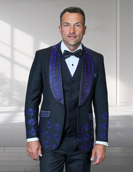 CAVALI 3 PC ROYAL & RHINESTONE MODERN FIT LUXURY TUXEDO