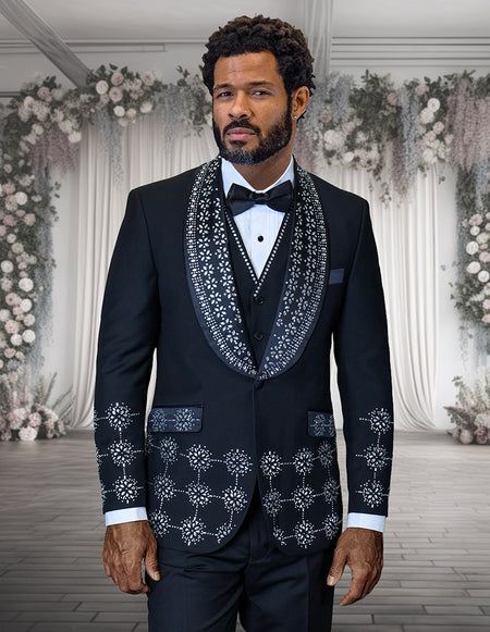 CAVALI 3 PC WHITE & RHINESTONE MODERN FIT LUXURY TUXEDO