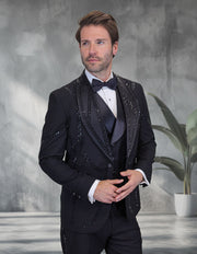 CHIC 3 PC BLACK & RHINESTONE MODERN FIT LUXURY TUXEDO