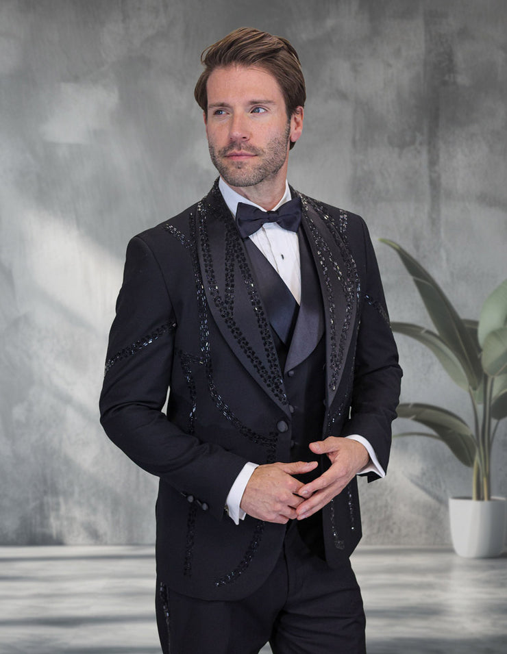 CHIC 3 PC BLACK & RHINESTONE MODERN FIT LUXURY TUXEDO