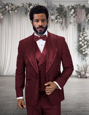 CHIC 3 PC BURGUNDY & RHINESTONE MODERN FIT LUXURY TUXEDO
