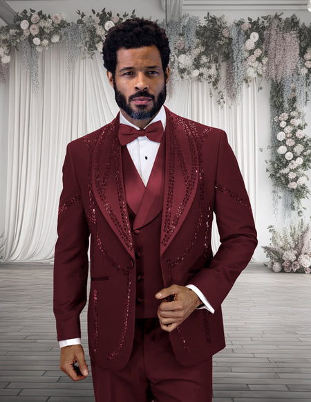 CHIC 3 PC BURGUNDY & RHINESTONE MODERN FIT LUXURY TUXEDO