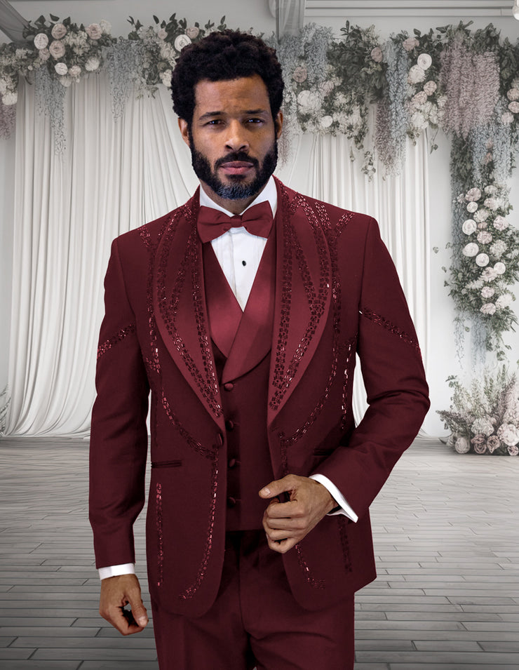 CHIC 3 PC BURGUNDY & RHINESTONE MODERN FIT LUXURY TUXEDO
