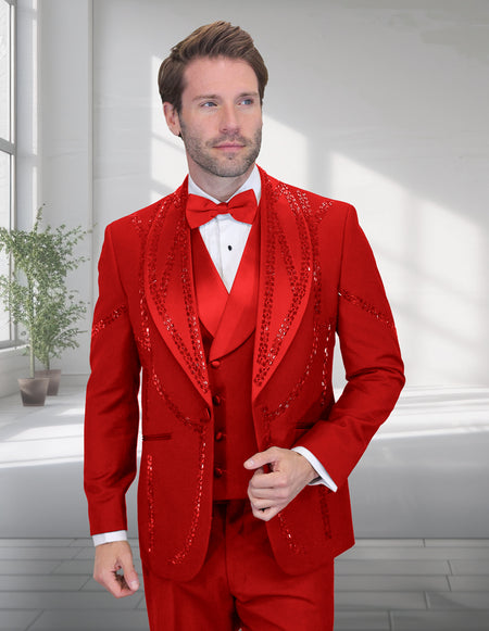CHIC 3 PC RED & RHINESTONE MODERN FIT LUXURY TUXEDO