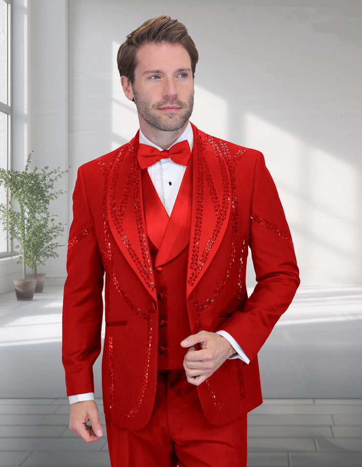 CHIC 3 PC RED & RHINESTONE MODERN FIT LUXURY TUXEDO