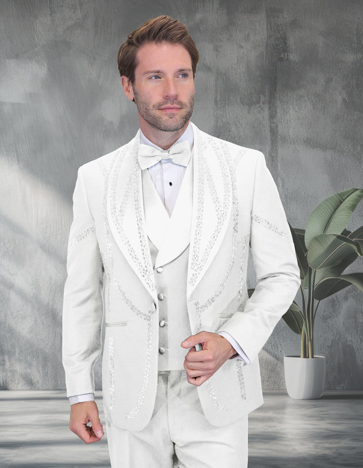 CHIC 3 PC WHITE & RHINESTONE MODERN FIT LUXURY TUXEDO