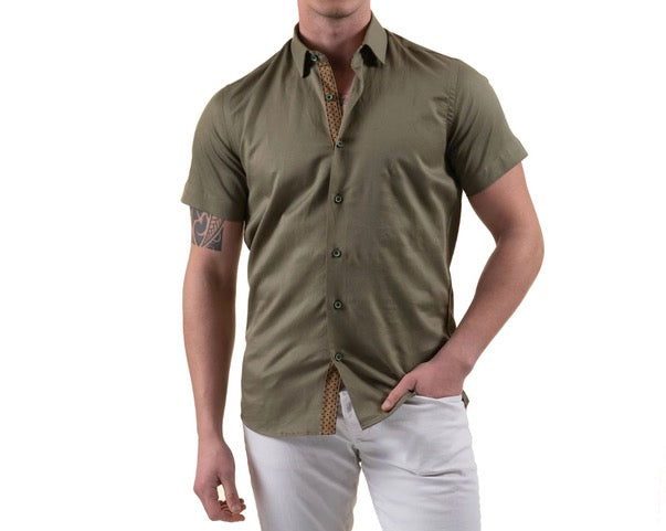 KHAKI SHORT SLEEVE COTTON/LINEN SHIRT – Bachrach