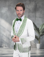 ELEGANT WHITE & GREEN RHINESTONE MODERN FIT LUXURY TUXEDO