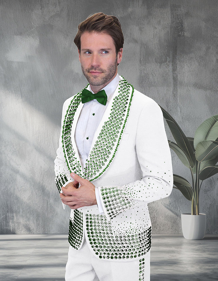 ELEGANT WHITE & GREEN RHINESTONE MODERN FIT LUXURY TUXEDO