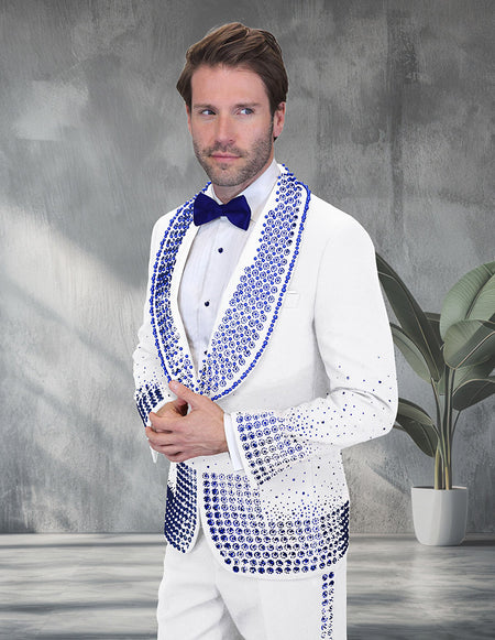 ELEGANT WHITE & ROYAL RHINESTONE MODERN FIT LUXURY TUXEDO