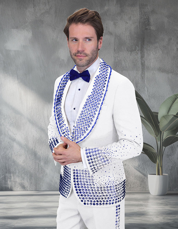 ELEGANT WHITE & ROYAL RHINESTONE MODERN FIT LUXURY TUXEDO