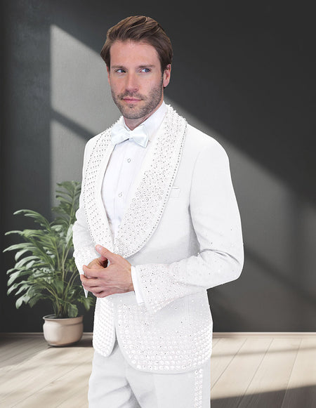 ELEGANT WHITE & WHITE RHINESTONE MODERN FIT LUXURY TUXEDO