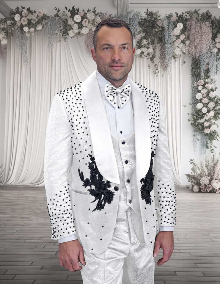 ELIO 3 PC WHITE & BLACK RHINESTONE MODERN FIT LUXURY TUXEDO