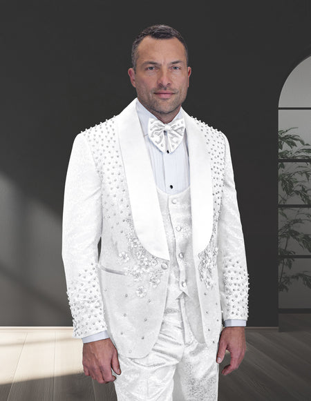 ELIO 3 PC WHITE & WHITE RHINESTONE MODERN FIT LUXURY TUXEDO