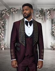 BELLA 3 PC BURGUNDY & RHINESTONE MODERN FIT LUXURY TUXEDO