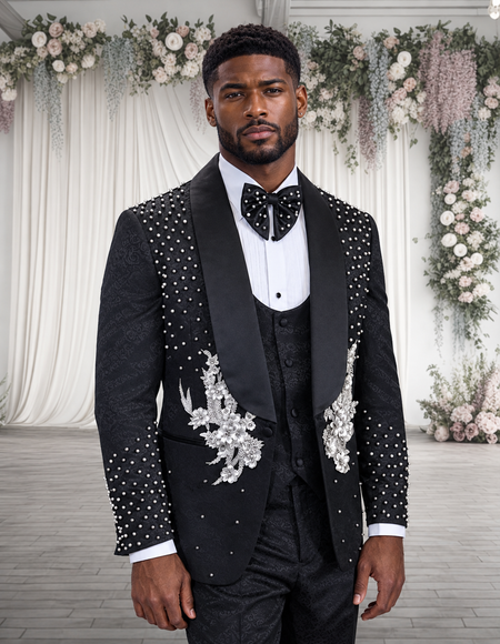 ELIO 3 PC SILVER RHINESTONE MODERN FIT LUXURY TUXEDO