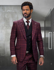 FINO 3 PC BURGUNDY PLAID MODERN FIT SUIT