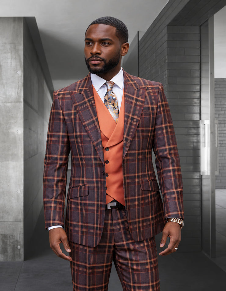 FIRENZE COPPER PLAID MODERN FIT 3 PC SUIT