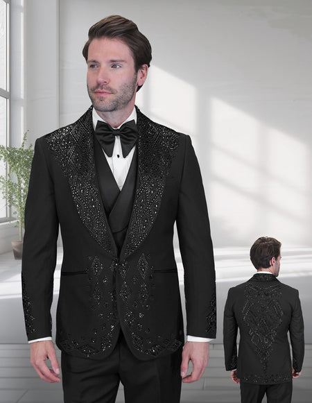 GIOVANI 3 PC BLACK RHINESTONE MODERN FIT LUXURY TUXEDO