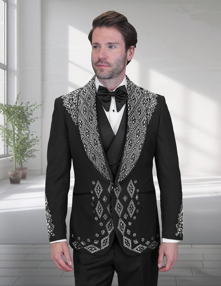 GIOVANI 3 PC SILVER RHINESTONE MODERN FIT LUXURY TUXEDO