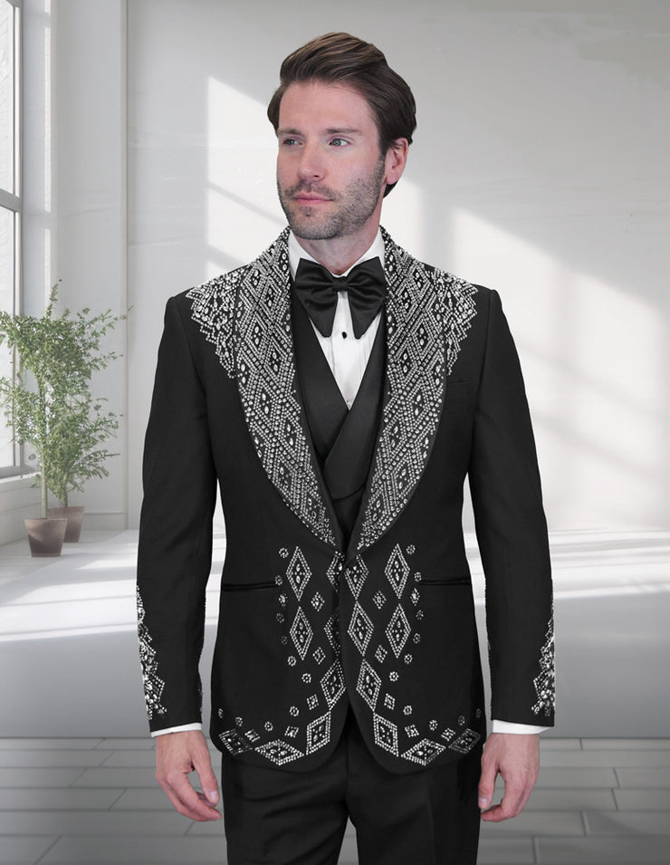 GIOVANI 3 PC SILVER RHINESTONE MODERN FIT LUXURY TUXEDO