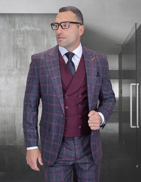 HARTFORD 3 PC BLACK BURGUNDY MODERN FIT SUIT