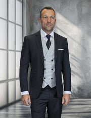 MARCO BLACK SOLID COLOR MODERN FIT SUIT WITH FANCY VEST