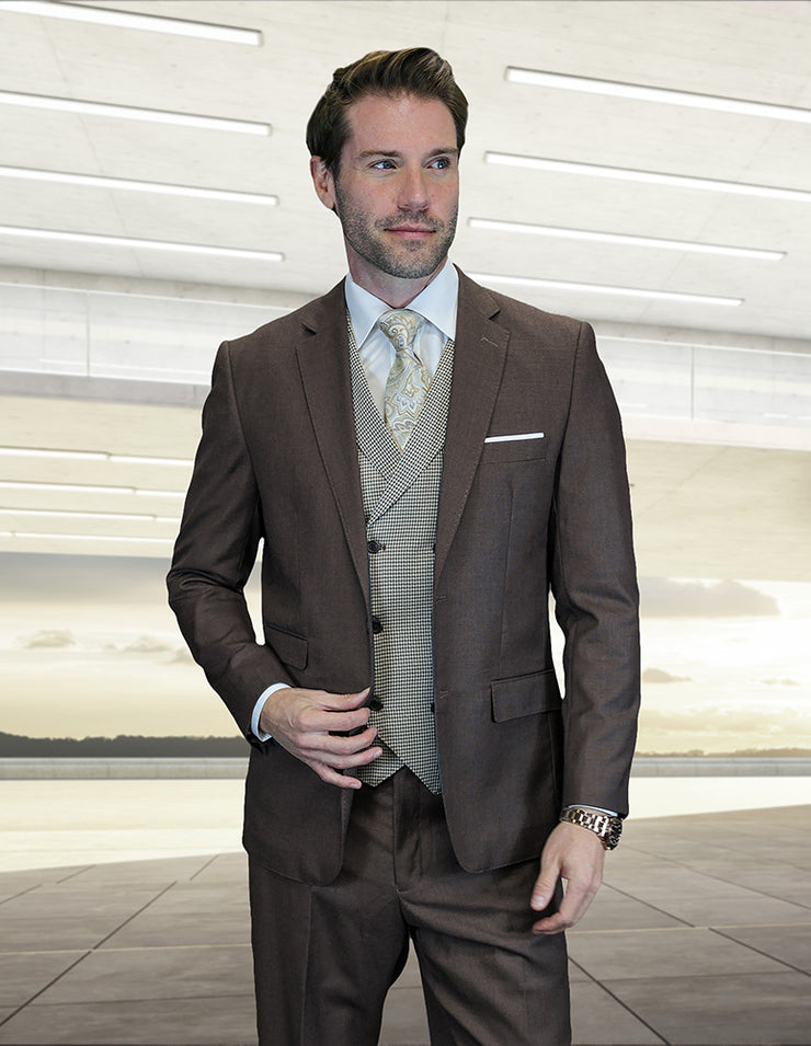 MARCO BROWN SOLID COLOR MODERN FIT SUIT WITH FANCY VEST