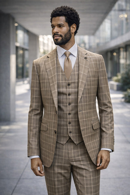 STATEMENT MODENA-TAN 3PC ITALIAN WOOL SUIT. SUPER 200'S FABRIC