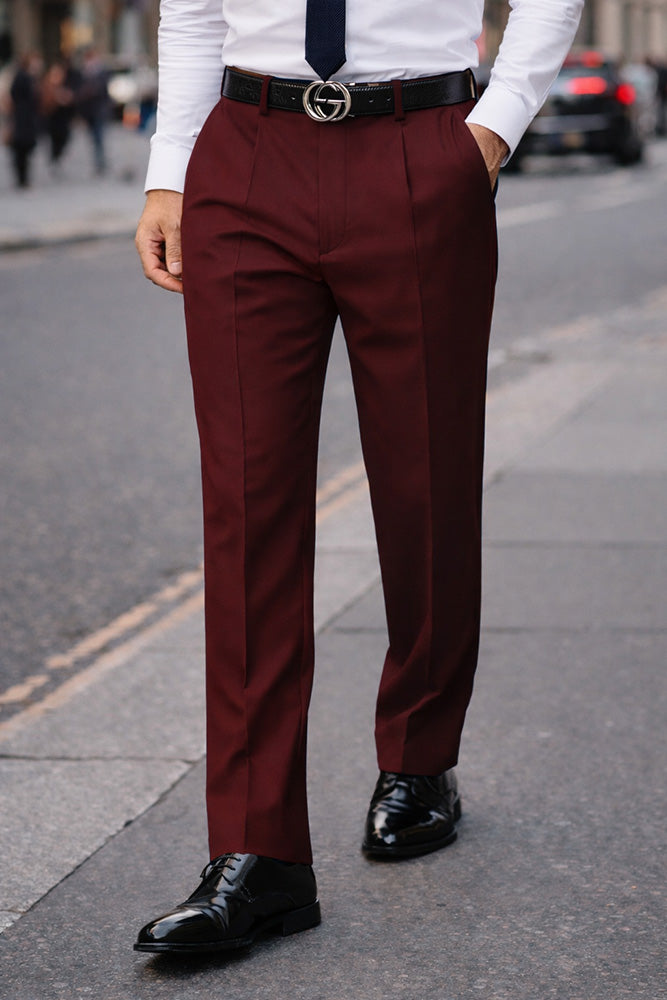 BURGUNDY REGULAR FIT PLEATED PANTS