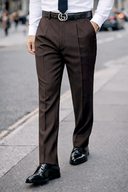 BROWN REGULAR FIT PLEATED PANTS