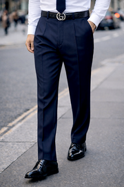 NAVY REGULAR FIT PLEATED PANTS