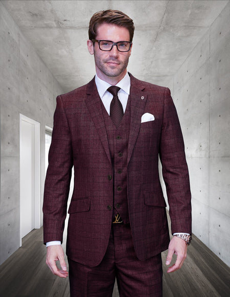 PAGNOLI 3 PC BURGUNDY MODERN FIT SUIT