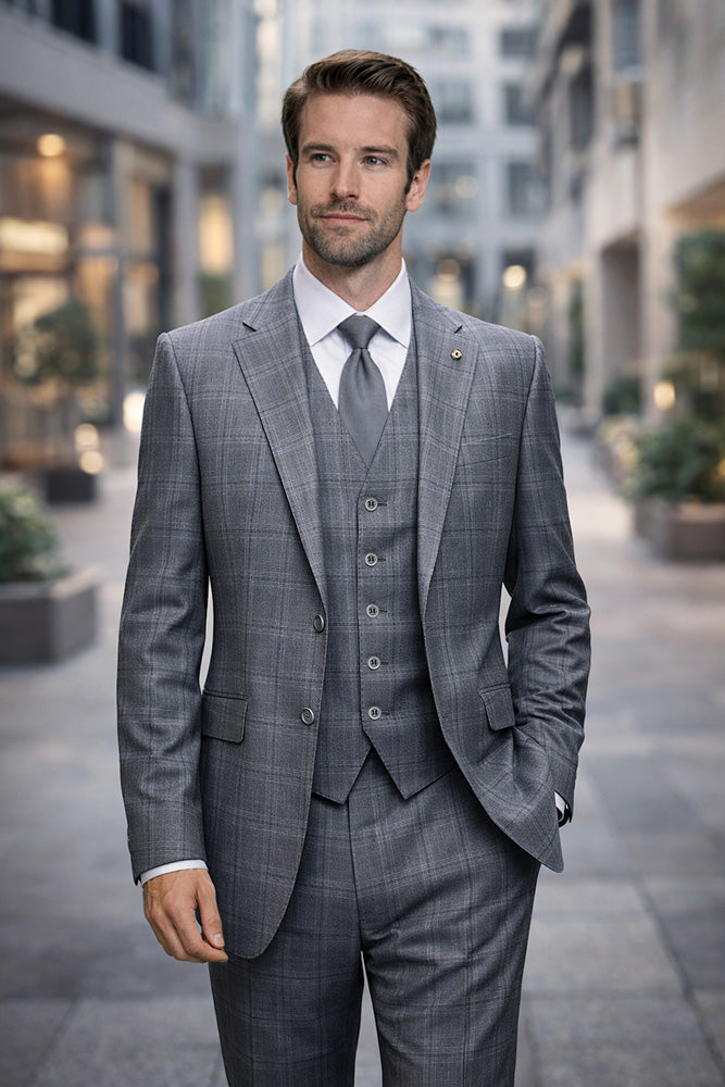 PUGLIA-CHARCOAL STATEMENT 3PC ITALIAN PLAID WOOL SUIT