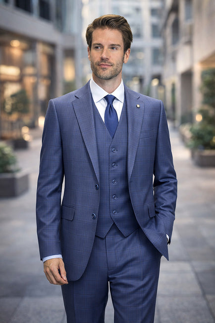 PUGLIA-INDIGO STATEMENT 3PC ITALIAN PLAID WOOL SUIT