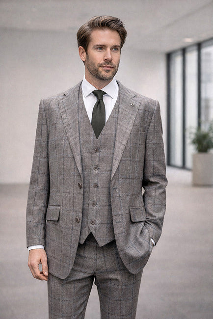 PUGLIA-TAUPE STATEMENT 3PC ITALIAN PLAID WOOL SUIT