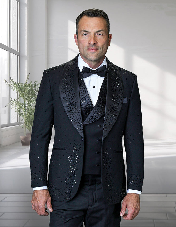 ROBERTO 3 PC BLACK RHINESTONE MODERN FIT LUXURY TUXEDO